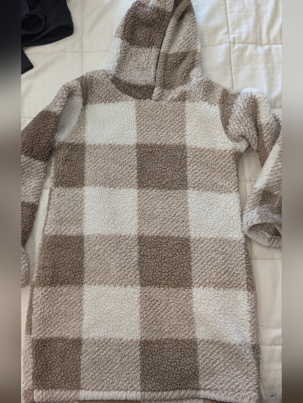 Girls - Cozy Sherpa Plaid Hooded Dress - Brown & White- Fits 8/9 Year Old